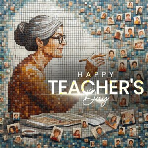 Mosaic portrait of a teacher with the text 'Happy Teacher's Day'