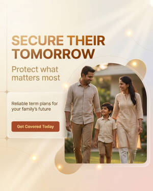 A happy Indian family walking together outdoors with text promoting term life insurance.