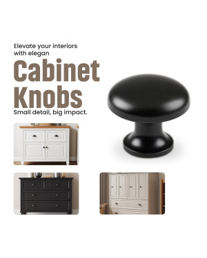 Black cabinet knob with a white cabinet in the background