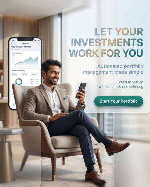A smiling professional businessman using a smartphone app for automated investment portfolio management while sitting in a modern office chair.