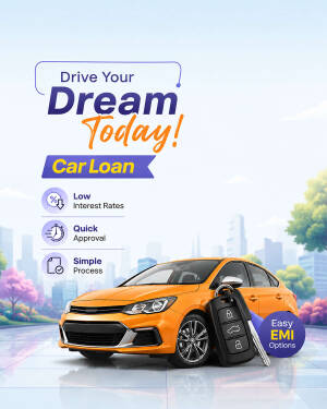 A bright orange car parked with keys in front of a digital city skyline for a car loan advertisement.