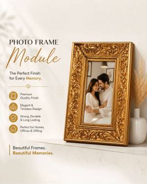 A beautiful ornate gold photo frame displaying a romantic couple, presented on a minimalist white shelf.