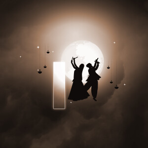 Silhouette of two people performing Dandiya dance in front of a full moon