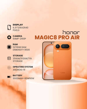 Honor Magic 8 Pro Air smartphone displayed on a pedestal with technical specifications