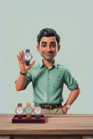 Digital illustration of a smiling man presenting a collection of watches.