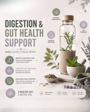 A wellness infographic showcasing a glass bottle with herbs, a mortar and pestle with mint, and text about digestion and gut health benefits.