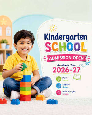 A young boy smiling while playing with colorful building blocks, promoting kindergarten school admission for the 2026-2027 academic year.
