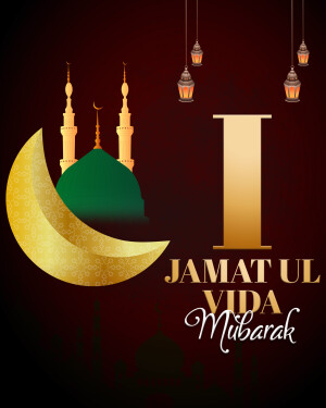 Islamic greeting card for Jamat Ul Vida with mosque and crescent moon