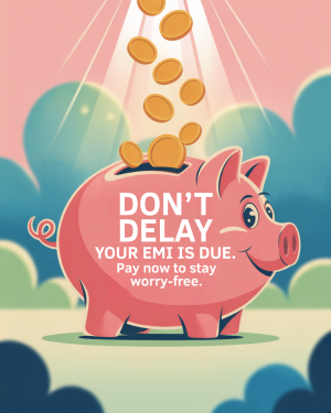 Pink piggy bank with falling coins and text 'Don't Delay Your EMI is Due'