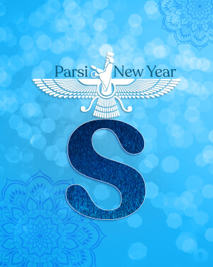 Parsi New Year graphic with Faravahar symbol and letter S