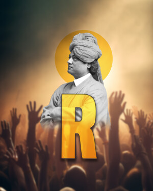 Portrait of Swami Vivekananda with a crowd and the letter 'R'