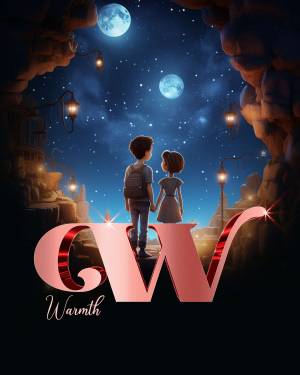 A couple looking at the moon under a starry night sky with the letters 'CW' and 'Warmth' prominently displayed.