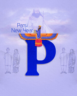 Image depicting Parsi New Year with Faravahar symbol and people in traditional attire.