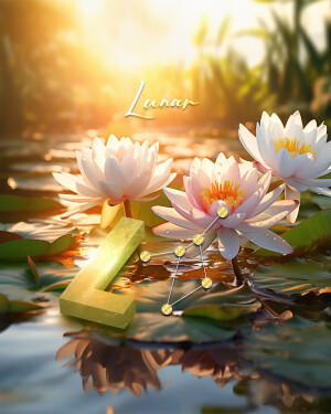 Close-up of pink water lilies with the letter 'L' and 'Z' in a serene pond