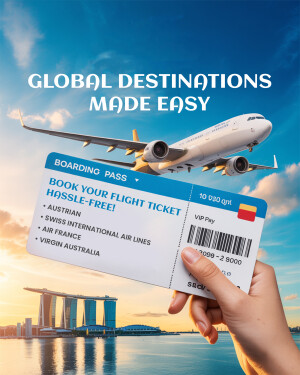 Image of a boarding pass with an airplane flying in the background, representing easy flight booking to global destinations.