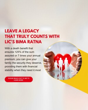 Advertisement for LIC's Bima Ratna insurance plan featuring a family silhouette within a heart.