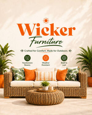 A stylish outdoor wicker sofa with orange and tropical print pillows, set in a sunny patio area.