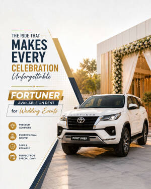 White Toyota Fortuner parked in front of a wedding venue for rental service