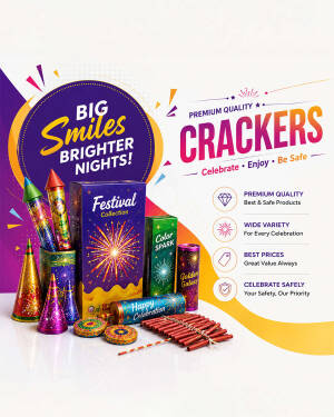 A display of assorted colorful Diwali firecrackers including cones, boxes, and crackers on a bright background