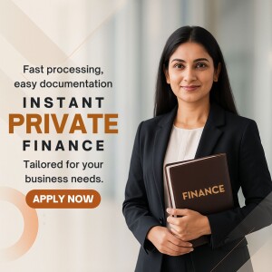 Woman in a business suit holding a finance folder with text promoting instant private finance.