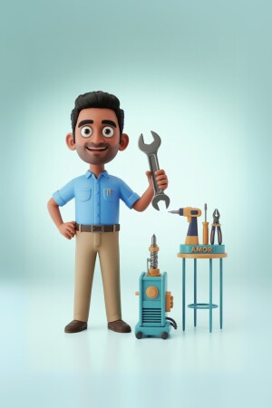 Cartoon illustration of a smiling repairman holding a wrench with tools in the background.