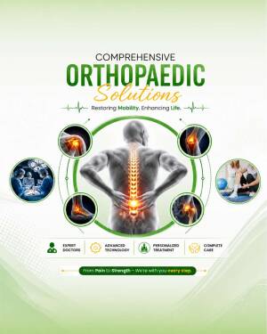 Medical poster promoting comprehensive orthopaedic solutions with back pain treatment imagery