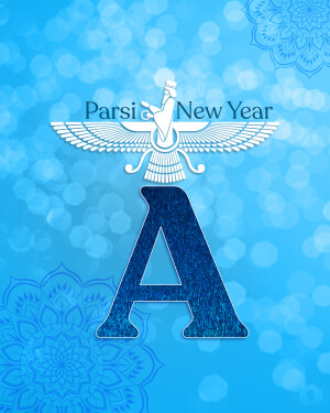 Parsi New Year greeting with Faravahar symbol and letter A