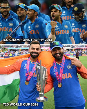 Indian cricket team celebrating victory with the Champions Trophy and T20 World Cup.
