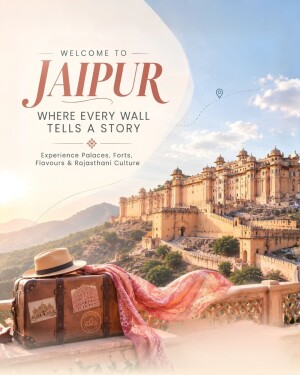 A vintage suitcase and hat overlooking Amber Fort in Jaipur, Rajasthan, with a travel-themed marketing overlay.