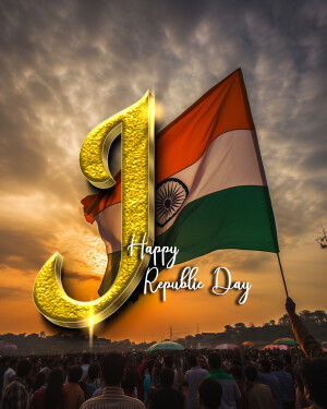 Indian flag waving with a golden 'J' and 'Happy Republic Day' text