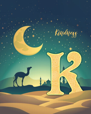Letter K with a camel silhouette against a desert and moonlit sky, representing kindness.