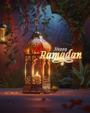 A beautifully lit lantern with 'Happy Ramadan' text, decorated with floral elements.