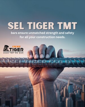 A hand firmly gripping a SEL TIGER TMT rebar with a cityscape in the background.