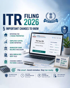Infographic showing a laptop with the Income Tax e-Filing portal, highlighting 5 key changes for ITR 2026, including a deadline calendar.