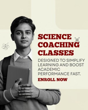 A young student with a tablet promoting science coaching classes.
