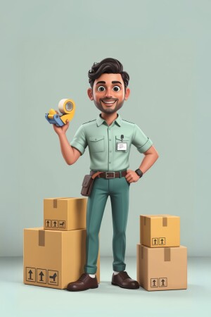 Cartoon illustration of a delivery man holding a tape measure and standing near packages.