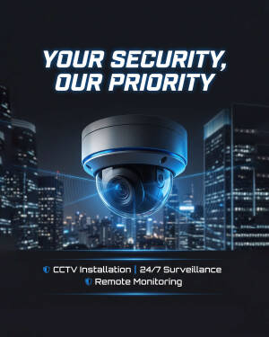 Modern security dome camera overlooking a city skyline at night promoting professional CCTV installation and 24/7 remote monitoring services