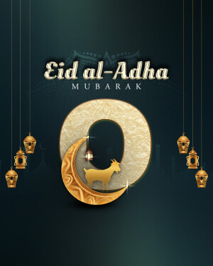 Eid al-Adha Mubarak with crescent moon and goat illustration