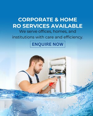 A technician installing a water purifier with text advertising RO services for homes and offices.