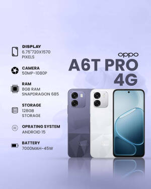 Oppo A6T Pro 4G smartphone in purple and white colors with listed specifications