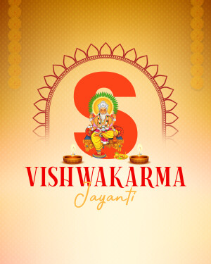 Vishwakarma Jayanti greeting with Lord Vishwakarma and decorative elements