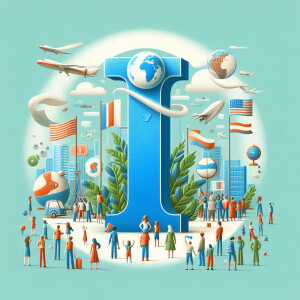 Illustration of a large letter 'I' incorporating travel elements like airplanes, flags, and cityscapes.