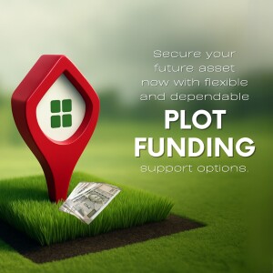 Image depicting plot funding with a house icon on a map pin and money.