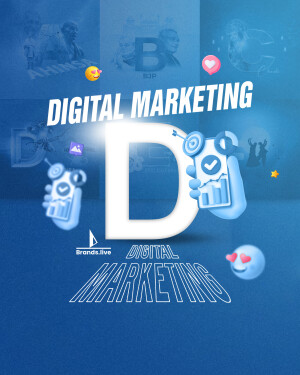 Digital marketing illustration with a large 'D' and various icons representing online strategies.