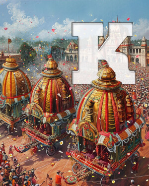 Image depicting the letter 'K' superimposed on a vibrant Rath Yatra procession in Karnataka, India.