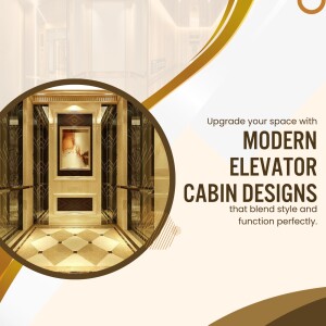Interior view of a modern elevator cabin with gold and beige tones