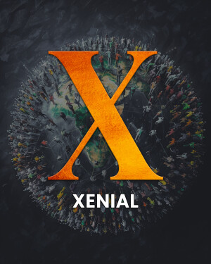Poster for Xenial, featuring a large 'X' over a crowd of people forming a globe.