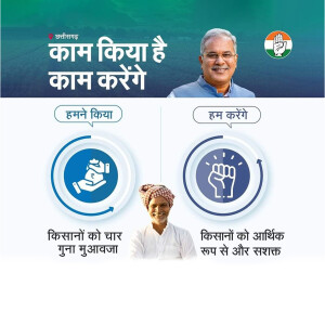 Chhattisgarh Congress campaign poster featuring Bhupesh Baghel and focus on farmers' welfare.