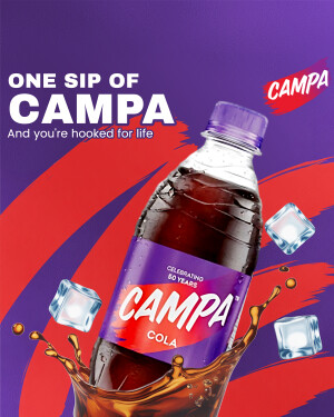 A promotional image of a Campa Cola bottle with splashing liquid and ice cubes.