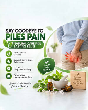 A person experiencing pain in the anal area, with an overlay advertising homeopathic natural treatment for piles pain relief
